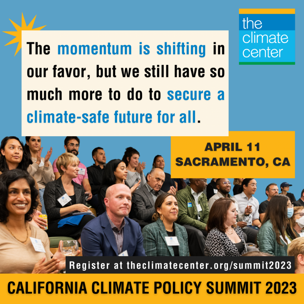 Audience and quote on flier on California Climate Policy Summit 2023
